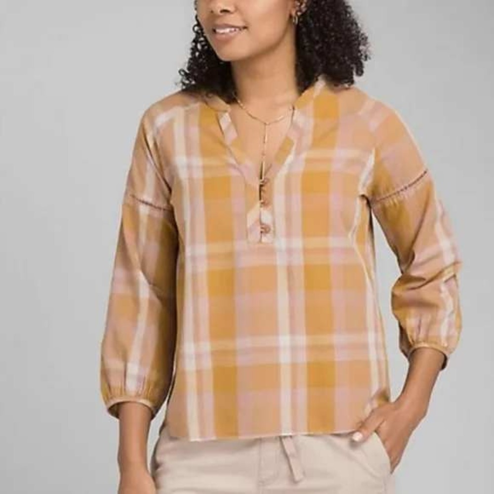 PRANA Elena Top Women's‎ Large Plaid Organic Cotton Tencel Boho L